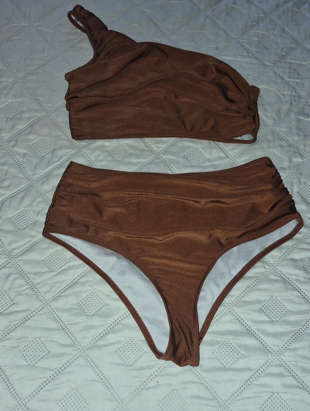 High-Waist One-Shoulder Bikini Set — Brown
